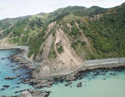An aerial image that shows the damage from the Kaikōura earthquake around the hills - showing the slips. It shows the damaged road and seafloor.